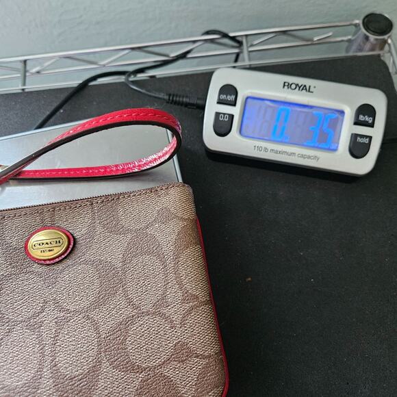 Coach Peyton Signature Brown & Pink Wristlet Gold Logo Card Holder Wallet Pouch - Picture 14 of 15